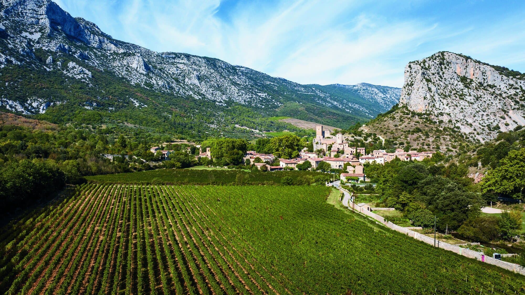 Vue aérienne du village de Saint-Guilhem-le-Désert et de ses vignes
