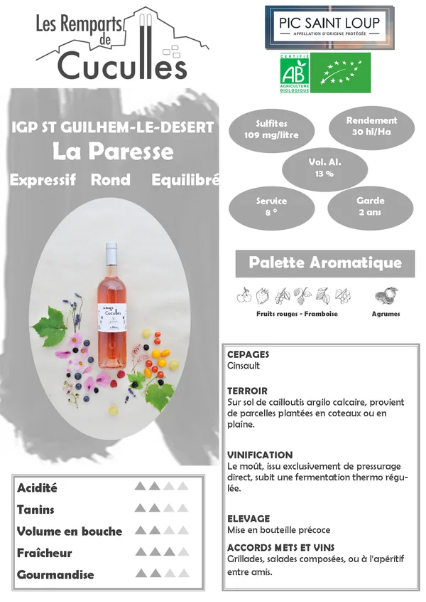 Bouteille de La Paresse — LES REMPARTS DE CUCULLES, vin rosé
