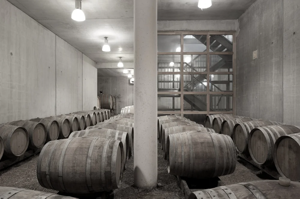 Magnifique chai a barriques : alignements de futs de chene dans une salle en beton brut, escalier vitre en fond, eclairage tamise. Architecture de cave tres photogenique.