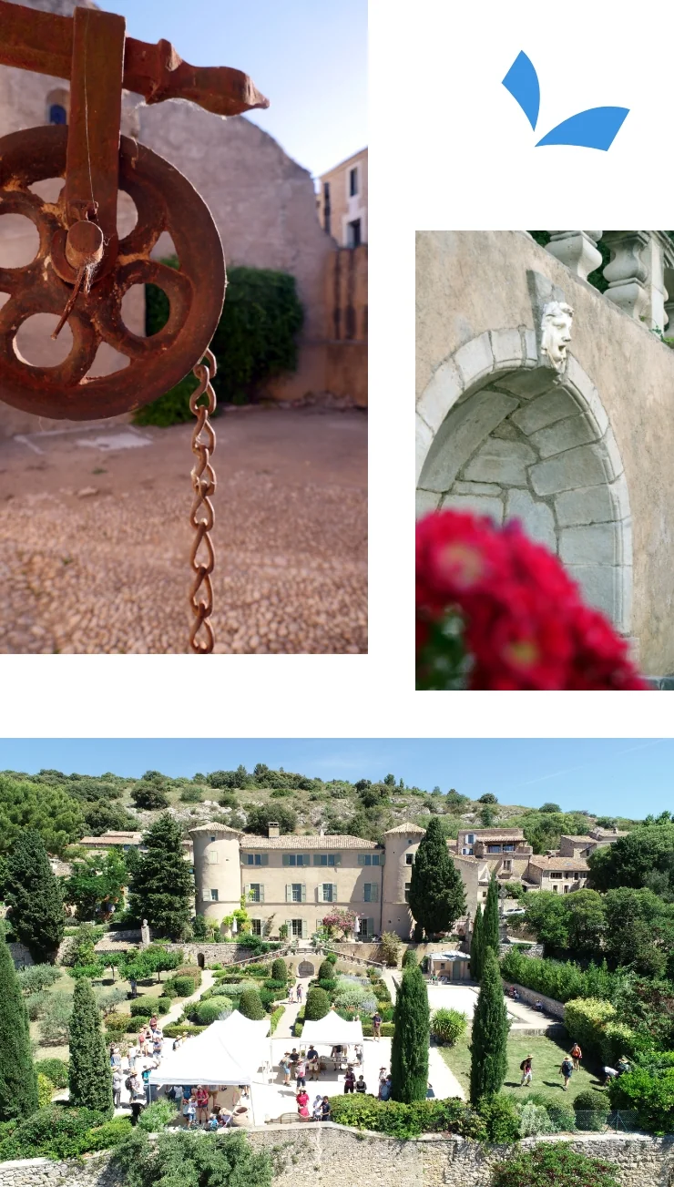 Montage de trois photos : detail d'une ancienne poulie/treuil rouille du puits, gros plan d'une niche en pierre avec mascaron sculpte (gargouille) et fleurs rouges, et vue aerienne du chateau et de ses jardins avec tentes de reception. Patrimoine et details; montage compose (note pour le tri).