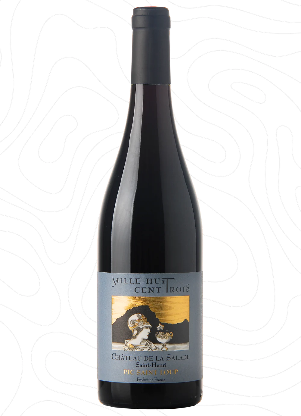 Packshot de la bouteille Cuvee 1803 (Mille Huit Cent Trois) AOP Pic Saint Loup rouge, fond sombre.