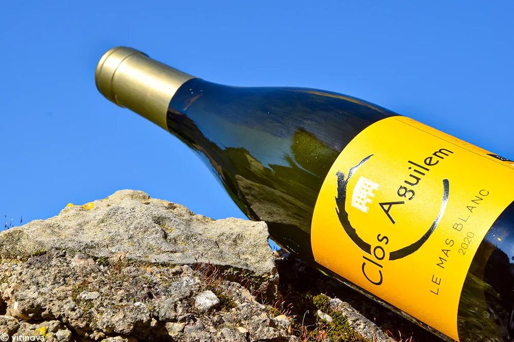 Photo lifestyle d'une bouteille de Clos Aguilem 'Le Mas Blanc' couchée sur un rocher calcaire en plein soleil, étiquette jaune signature bien lisible. Belle mise en situation dans le décor minéral du vignoble, lumière chaude, fond flou bleuté. Met joliment en valeur la cuvée.