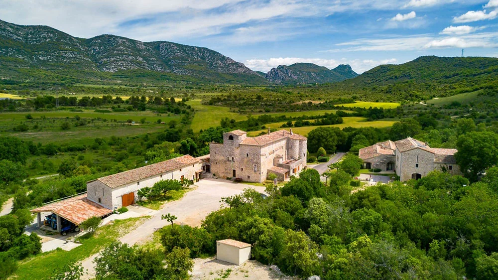 Panorama aerien du domaine dans sa vallee des Cevennes : le mas en pierre entoure de garrigue et de vignes, montagnes verdoyantes a l'horizon, ciel bleu. Image phare, tres valorisante.