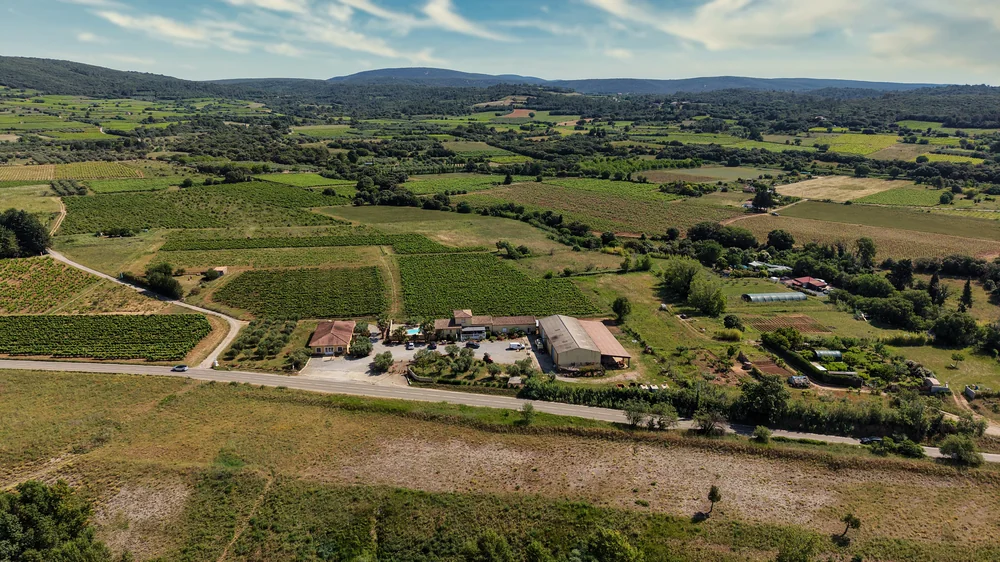 Vue aérienne par drone du domaine : bâtiments (chai, maison, caveau, terrasse) regroupés au milieu des parcelles de vignes, route départementale au premier plan et large plaine viticole jusqu'aux collines du Larzac. Excellent plan d'établissement situant le domaine.