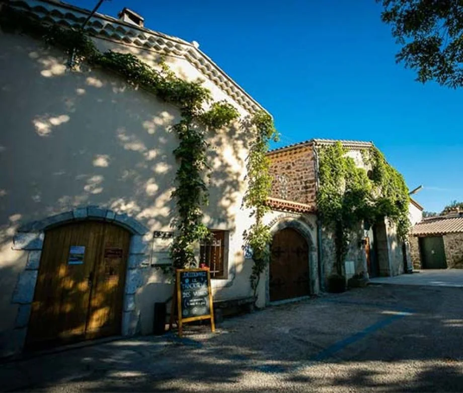 Cour du domaine : batiments en pierre du mas avec lierre, portes en bois cintrees, entree du caveau avec ardoise de bienvenue, ciel bleu. Architecture du domaine, tres accueillant.