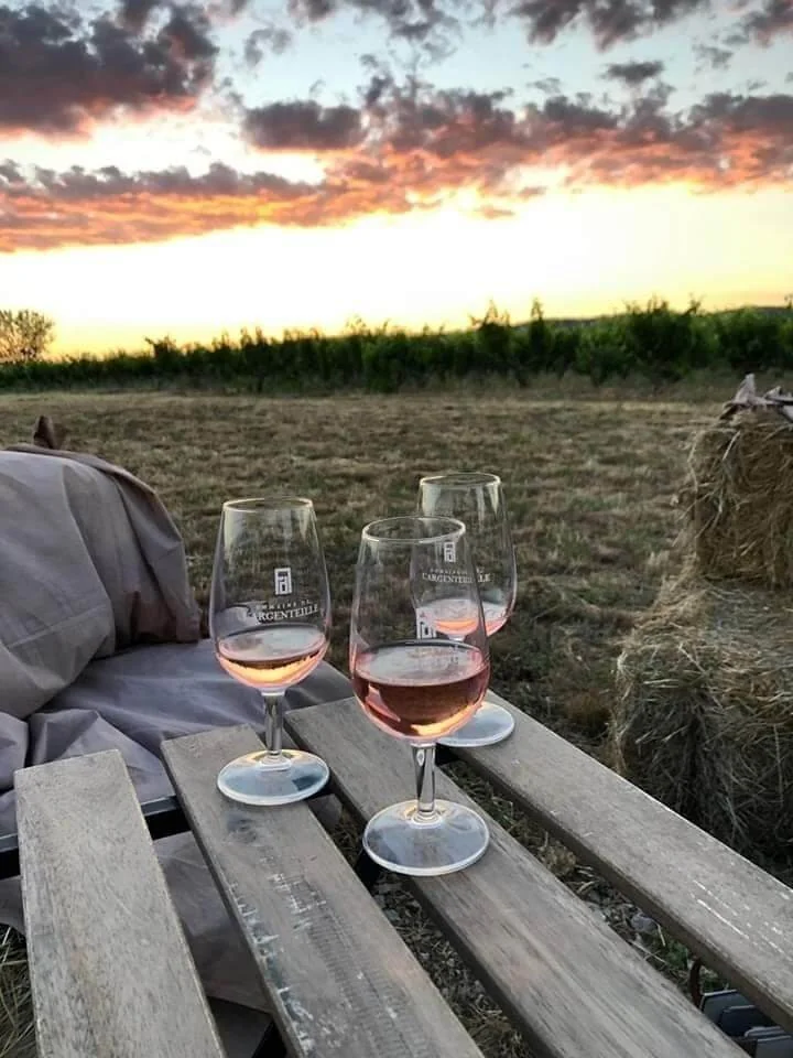 Trois verres de degustation graves au logo du domaine, remplis de rose, sur une palette en bois devant les vignes au coucher du soleil et une botte de paille. Belle photo d'ambiance lifestyle.
