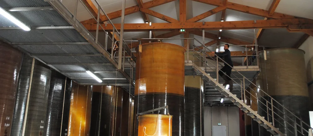 Chai de vinification moderne (2018) : grandes cuves de vinification, charpente bois apparente, une personne montant l'escalier metallique de la passerelle. Montre l'outil de production du domaine.