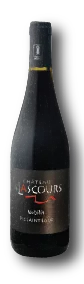 Rendu 3D de la bouteille de la cuvée Nobilis (rouge AOP Pic Saint-Loup) sur fond blanc, capsule noire, étiquette Château de Lascours. Packshot produit du vin phare, fond détouré, basse résolution.