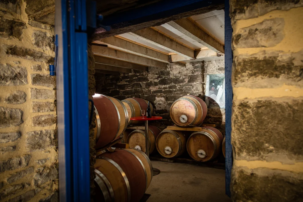 Le chai voute (ancienne bergerie du XIIe) vu a travers une porte encadree de bleu : barriques empilees contre les murs en pierre, bouteille posee sur une table ronde rouge. Cadrage soigne, atmosphere.
