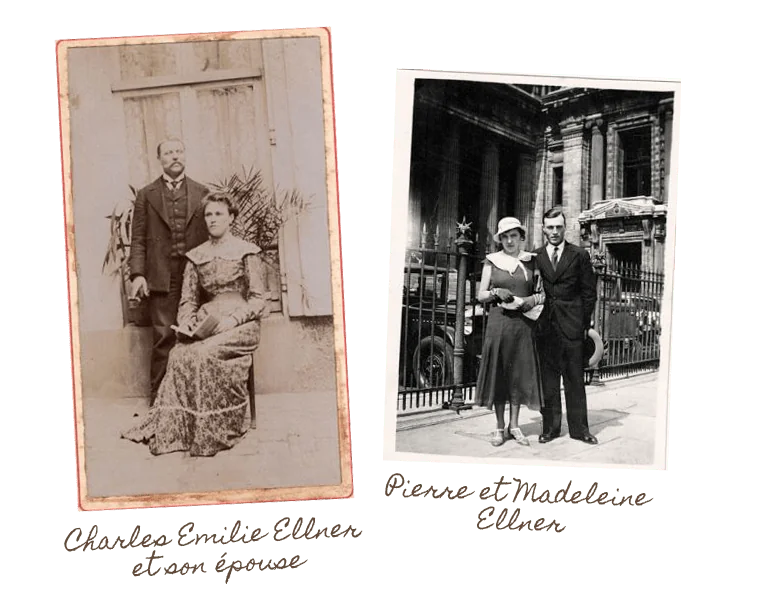 Collage de photographies anciennes en sépia des aïeux Ellner ('Charles Émile Ellner et son épouse', 'Pierre et Madeleine Ellner'). Évoque les racines champenoises et l'héritage familial du domaine.