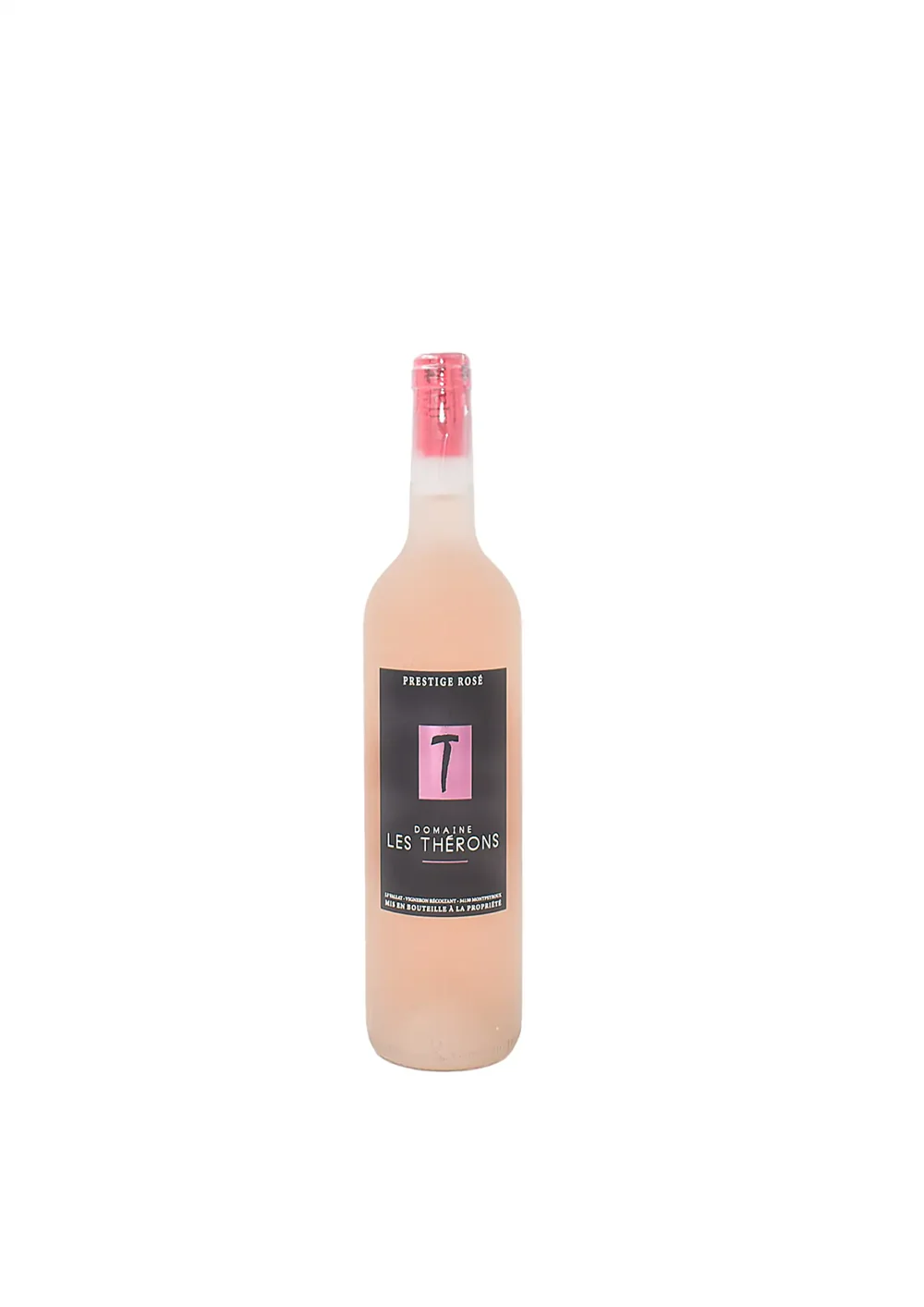 Packshot sur fond blanc de la bouteille 'Domaine Les Thérons – Prestige Rosé' : capsule rose, étiquette noire avec le monogramme officiel 'T' dans un carré rose et la mention DOMAINE LES THÉRONS. Bouteille rosé pâle. Seule vraie imagerie produit propre au domaine ; révèle le logo de marque.