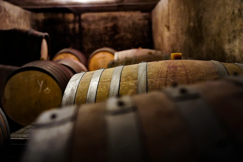 Chai d'élevage : alignement de barriques et foudres en bois dans une cave voûtée ancienne aux murs patinés, lumière tamisée chaude, faible profondeur de champ mettant en valeur les fûts. Ambiance authentique de vieillissement. 1620x1080.