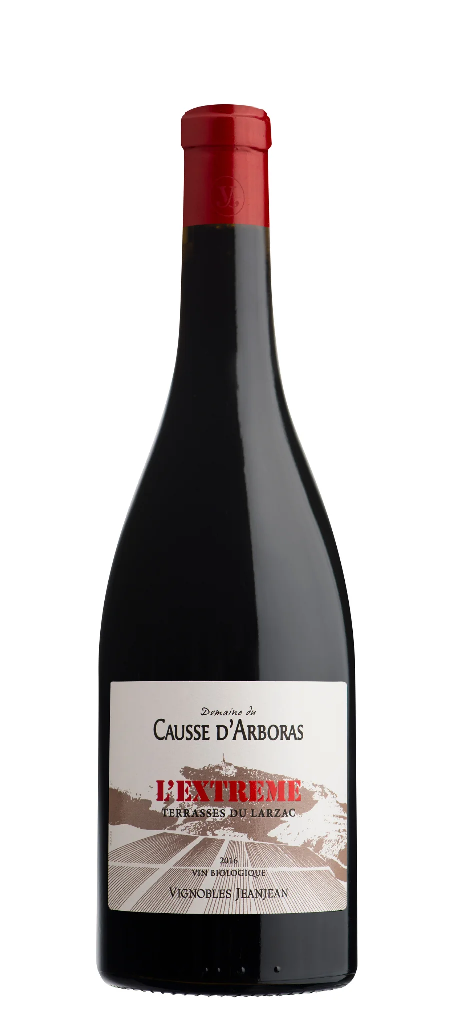 Packshot fond blanc de la cuvee 'L'Extreme' AOP Terrasses du Larzac (rouge), bouteille bourgogne, capsule rouge, etiquette graphique avec relief montagneux. Photo produit propre du domaine.