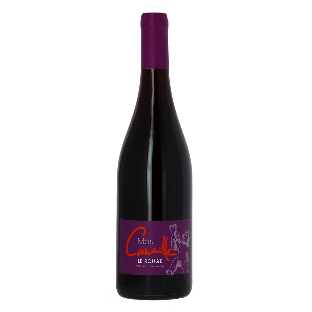 Packshot bouteille haute definition sur fond blanc (1234x1235) : cuvee 'Mas Canaille Le Rouge' de Jean-Christophe Granier (IGP), capsule et etiquette violettes avec illustration d'un personnage levant un verre. La plus grande/nette des photos bouteille, bonne pour mise en avant.