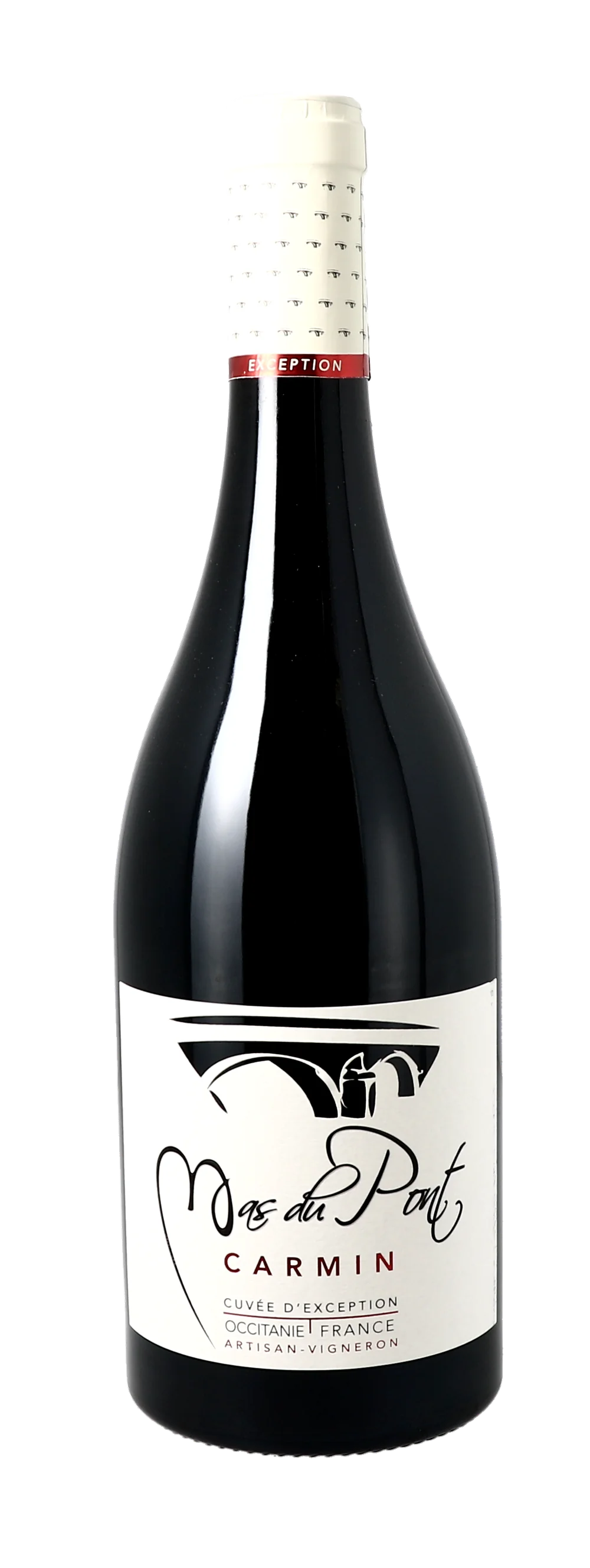 Packshot de la bouteille Mas du Pont 'Carmin' (rouge), Cuvee d'Exception, sur fond blanc. Bouteille complete au logo pont stylise.