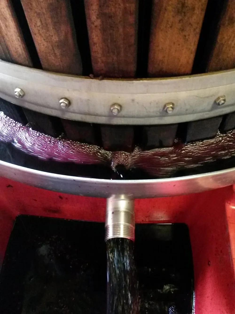 Gros plan du vin rouge qui s'écoule du pressoir à maie en bois cerclé d'inox dans une cuve rouge. Geste du pressurage, couleurs intenses, belle ambiance de chai.