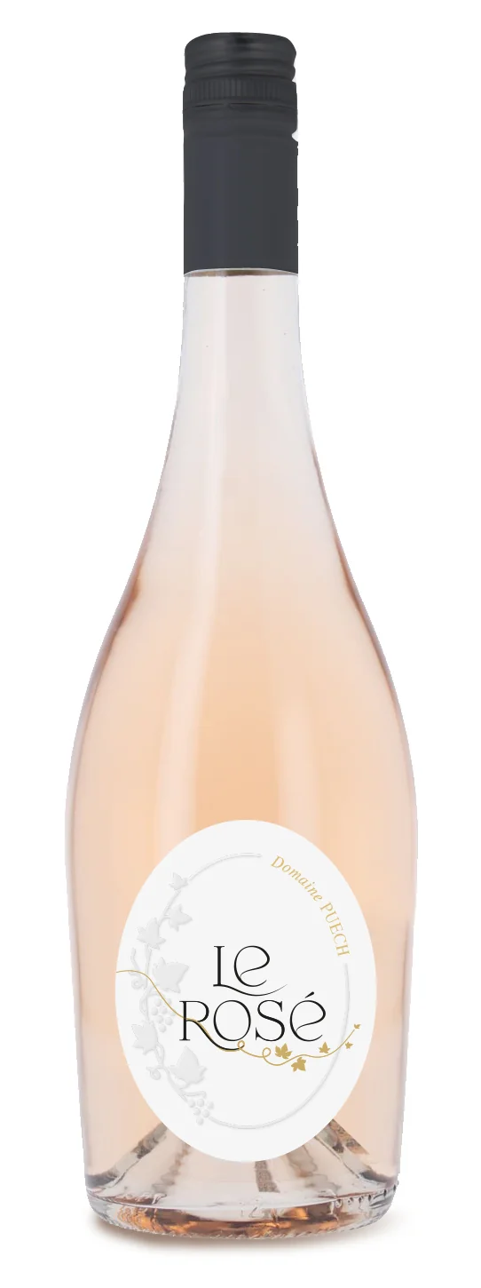 Packshot de la bouteille 'Le Rose' Domaine Puech sur fond blanc detoure. Photo produit nette mais classique, utile pour fiche produit.
