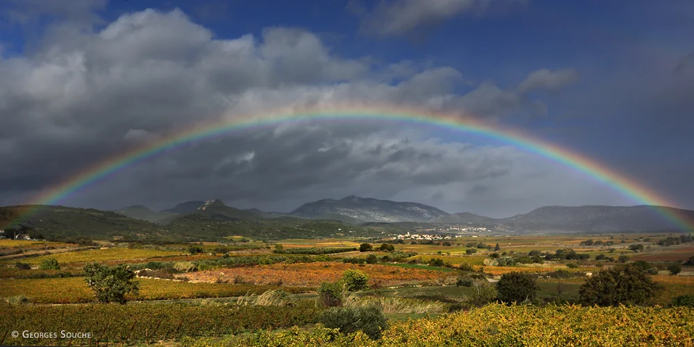 Arc-en-ciel complet au-dessus des vignes d'automne aux couleurs ocre, village de Saint-Saturnin et collines en arriere-plan, ciel d'orage spectaculaire. Panorama exceptionnel (photo Georges Souche). Image phare pour le terroir.