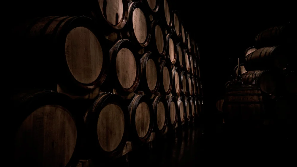 Chai a barriques dans une ambiance sombre et soignee : empilement de futs de chene eclaires lateralement, clair-obscur elegant. Belle image de cave/elevage.