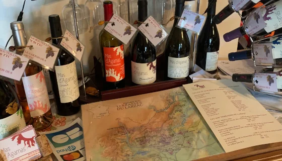 Mise en situation de la gamme Mas d'Agamas sur une table de degustation : plusieurs bouteilles (rouge, rose, blanc) avec etiquettes, fiches produit, une carte des Terrasses du Larzac et le logo Vignerons Independants. Ambiance salon/cave, lifestyle plutot que packshot a plat. (via Vie d'Oc).