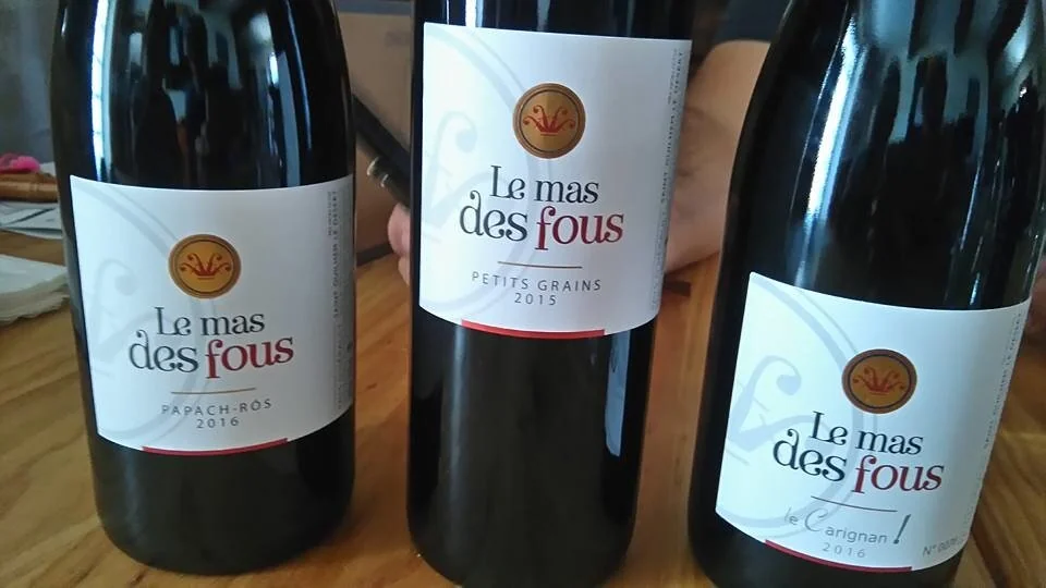 Les trois cuvees du Mas des Fous alignees sur une table en bois : Papach-Ros 2016 (rose), Petits Grains 2015 et Le Carignan 2016 (rouges). Belle photo lifestyle qui montre la gamme et le logo officiel (monogramme dore couronne sur fond blanc). Non recadree platement : packshot en situation.
