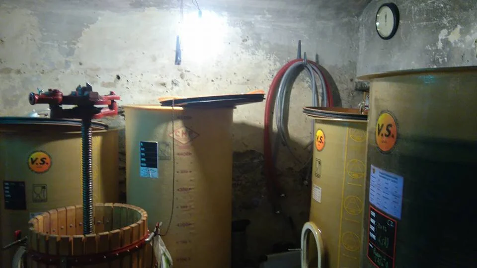 Cave/chai du domaine creusee dans le roc : cuves marquees 'V.S.', petit pressoir vertical en bois, tuyaux, vieux compteur au mur. Ambiance brute et artisanale, fidele a la cave creusee dans la roche decrite pour le domaine.